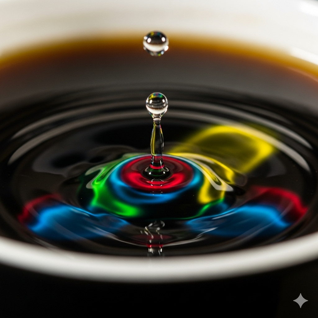 Tilsætningsstoffer og sødemidler symboliseret ved en dråbe der falder ned i flerfarvet væske.