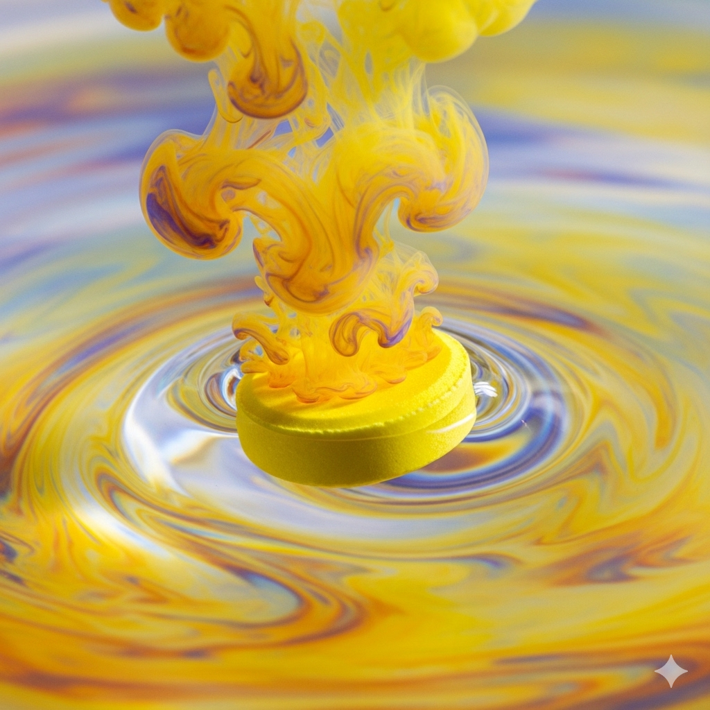 Tilsætningsstoffer og sødemidler symboliseret ved gullig røgsky og farve i væske.