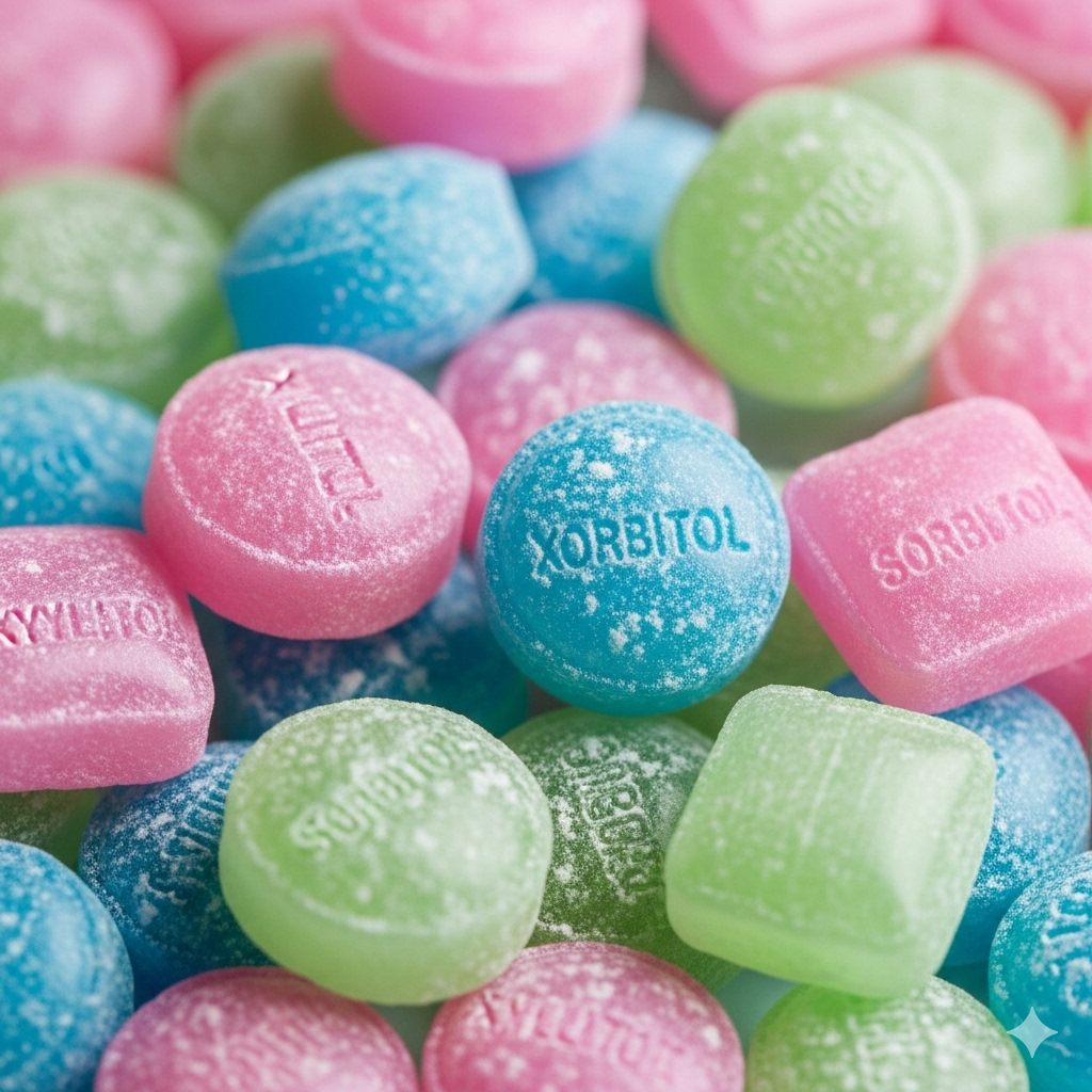 Tilsætningsstoffer og sødemidler symboliseret ved bolcher med svage, matte farver.