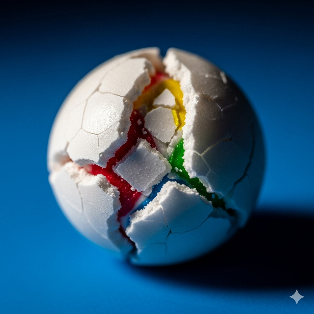 Tilsætningsstoffer og sødemidler symboliseret ved en kugle i hvid, der er revnet og man ser farvestoffer i dens indre. Blå baggrund.