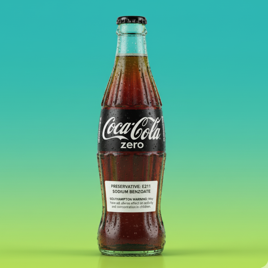 Tilsætningsstoffer og sødemidler symboliseret ved en cola zero.