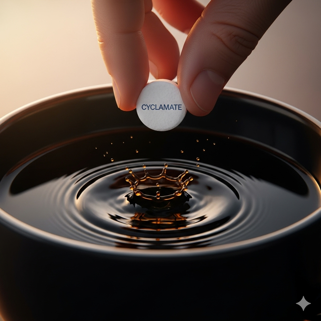Tilsætningsstoffer og sødemidler symboliseret ved en skål med en brunlig væske, hvor en hånd er ved at lægge en hvid tablet ned, hvorpå der står cyclamat.
