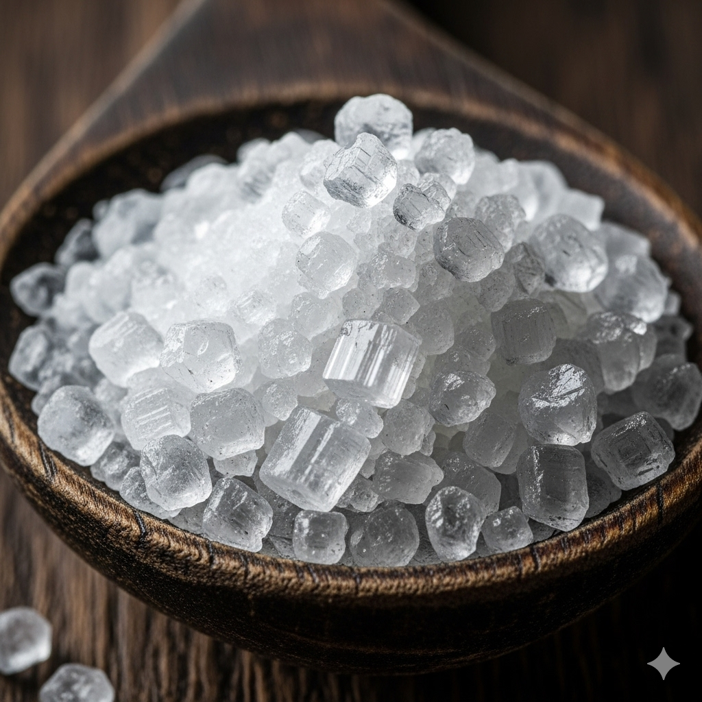 Tilsætningsstoffer og sødemidler symboliseret ved hvidt , krystallinsk pulver i en skål.