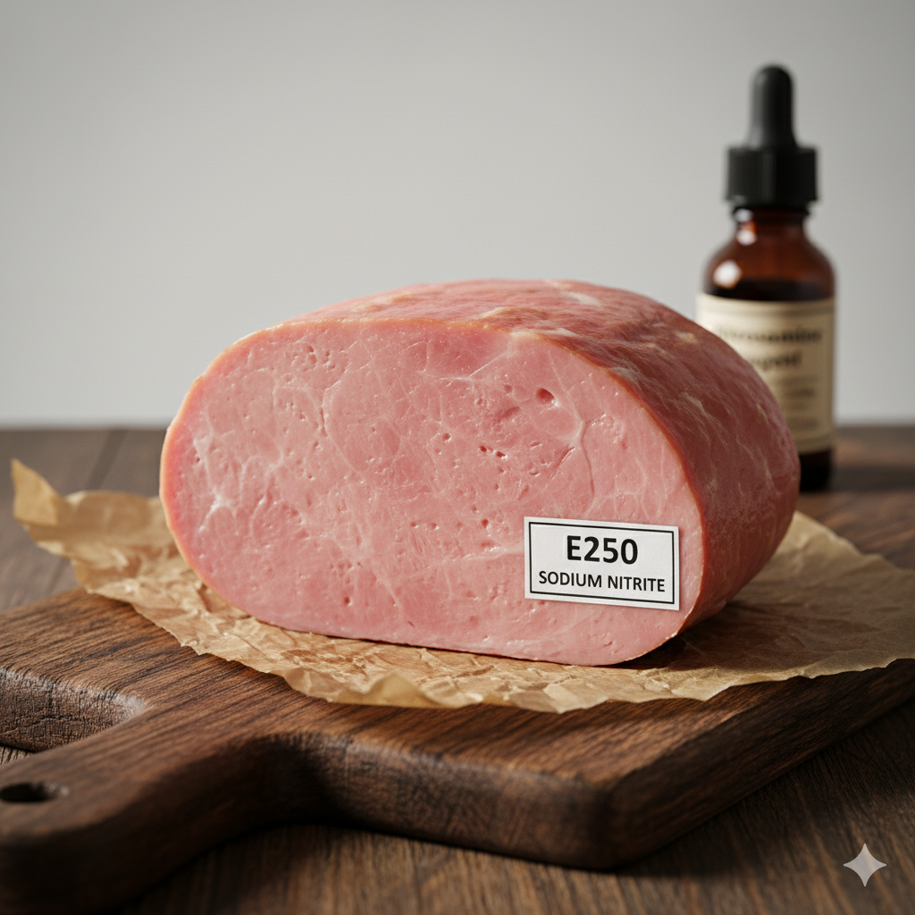 Tilsætningsstoffer og sødemidler symboliseret ved et stykke skinke på et fad og en brun pipetteflaske bag denne.