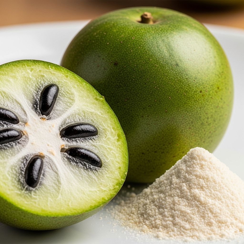 Tilsætningsstoffer og sødemidler symboliseret ved en overskåret munk frugt, en hel, den er grøn og ligner et æble og noget råhvidt pulver ved siden af disse.
