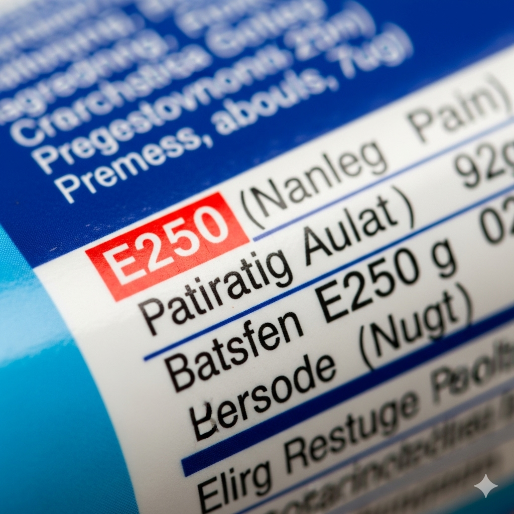 Tilsætningsstoffer og sødemidler symboliseret ved indholdsoversigt fra emballage med E250 i rød firkant. Flere E-numre under denne.