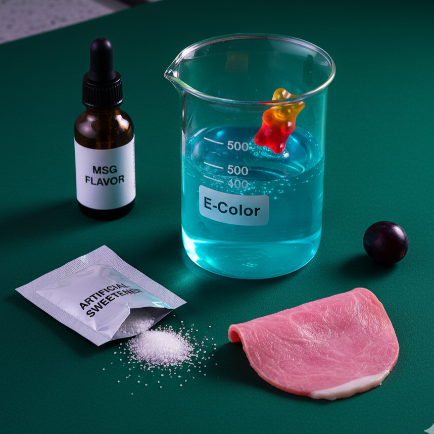 Tilsætningsstoffer og sødemidler symboliseret ved et bægerglas med blålig væske, et stykke skinke, en brun pipetteflaske et brev med hvidt pulver.