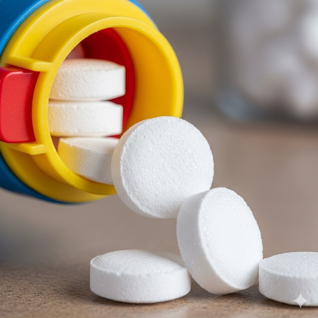 Tilsætningsstoffer og sødemidler symboliseret ved et pilleglas, med nogle hvide tabletter der er hældt delvis ud af dette.