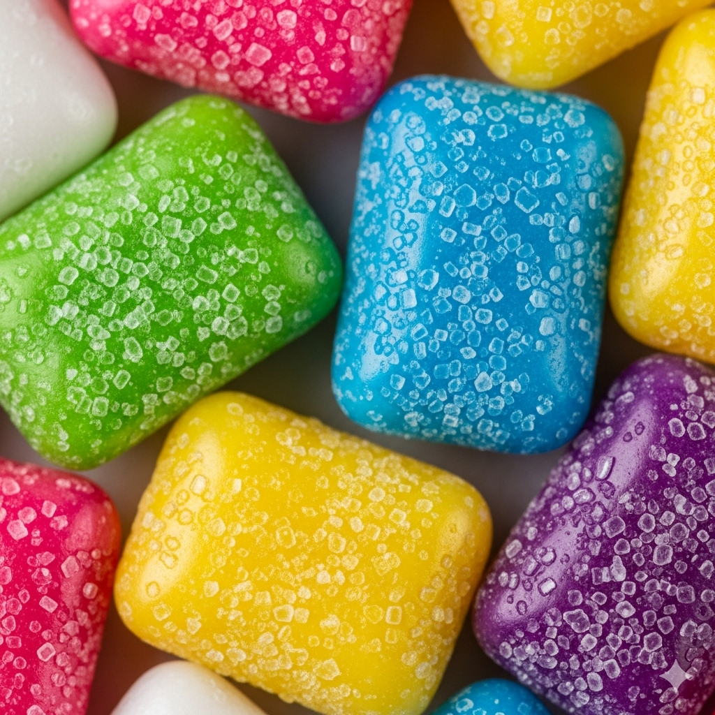 Tilsætningsstoffer og sødemidler symboliseret ved en samling slik-karameller i forskellige farver.