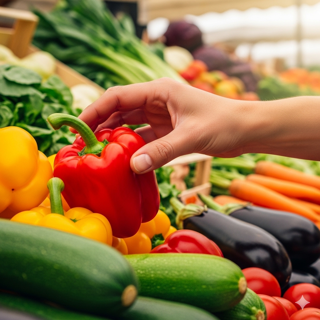 Tilsætningsstoffer og sødemidler symboliseret ved en hånd der rækker ud efter en rød peber mellem en masse grøntsager.