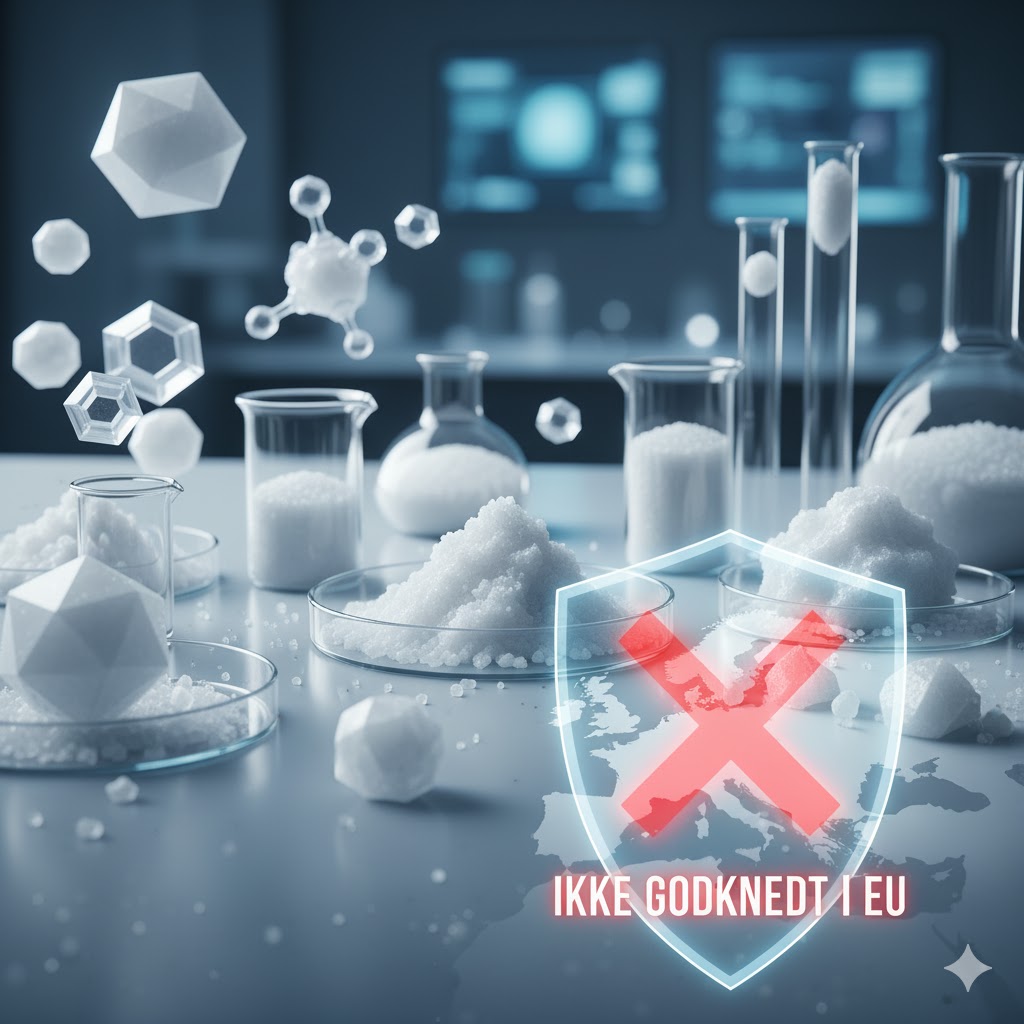 Tilsætningsstoffer og sødemidler symboliseret ved et billede fra et laboratorie med flere glas med hvidt pulver, blå baggrund og et skjold med rødt kryds i forgrunden.