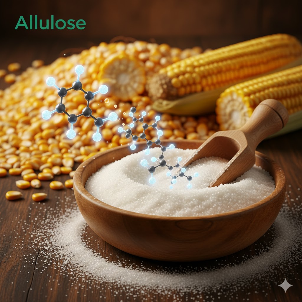 Tilsætningsstoffer og sødemidler symboliseret ved et par majskolber, en masse løse majskerner og foran dette en træskål med hvidt pulver.