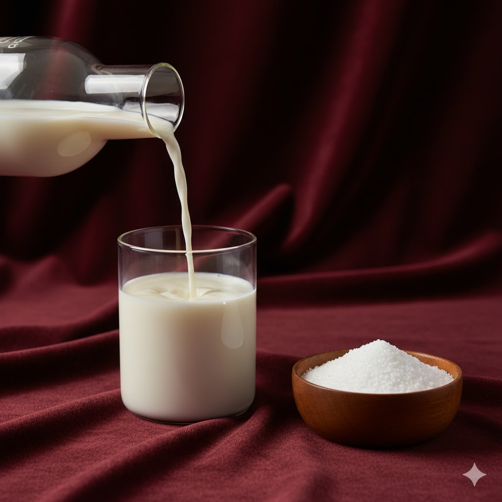 Tilsætningsstoffer og sødemidler symboliseret ved mælk der hældes op i et bægerglas og et hvidt pulver i en skål. Bordeau baggrund.