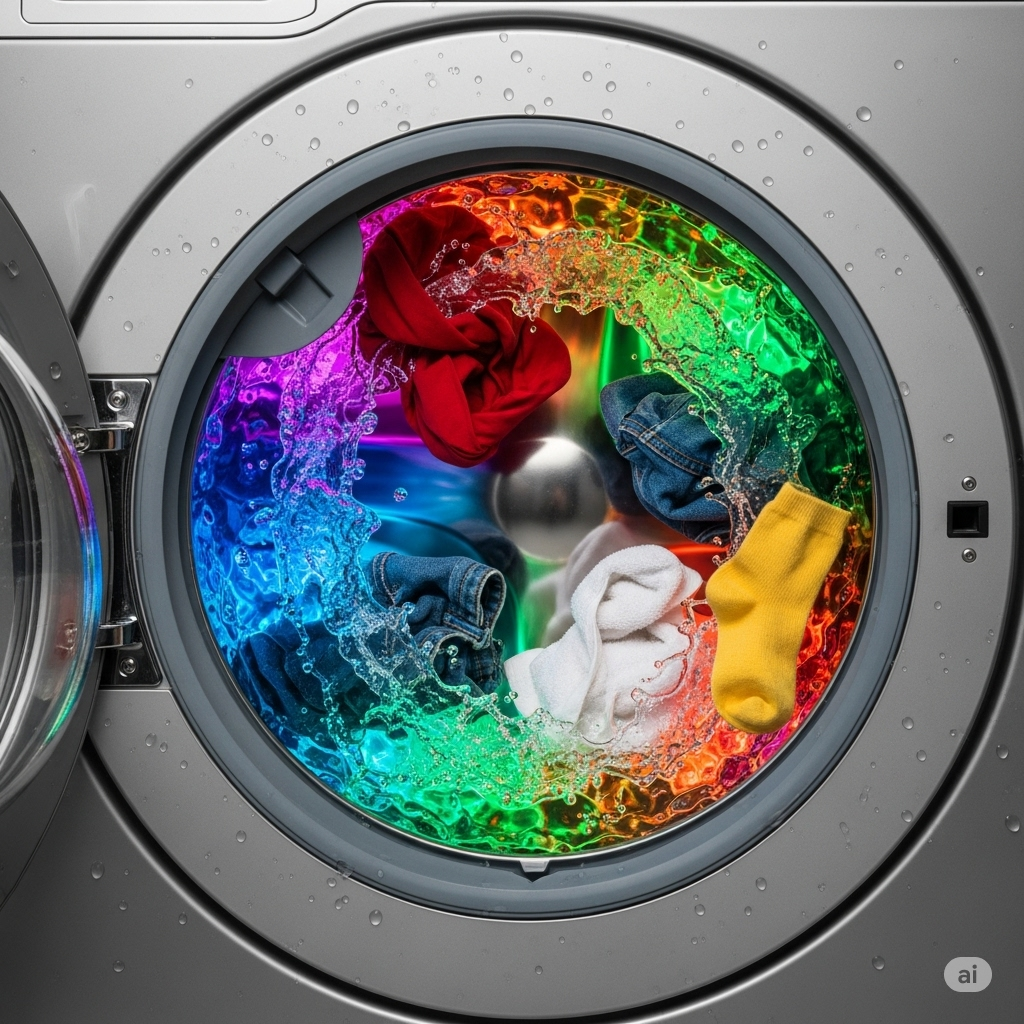 Tøj og tekstiler symboliseret ved en åben vaskemaskine fyldt med tøj i alle regnbuens farver.