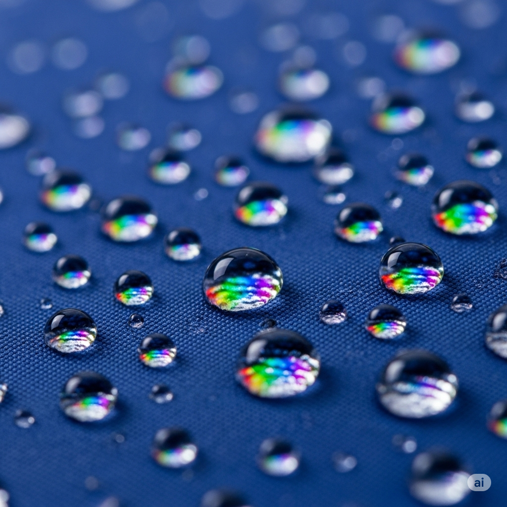 Tøj og tekstiler symboliseret ved blåt vandafvisende stof med dråber ovenpå.