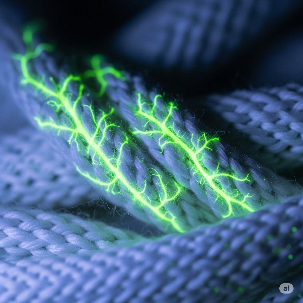 Tøj og tekstiler symboliseret ved blåt stof med grønne lysende årer igennem.