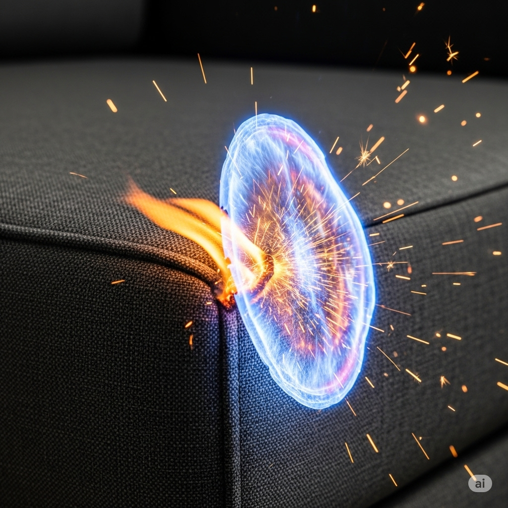 Tøj og tekstiler symboliseret ved hjørne af en sofa med mørkgråt betræk. Der er vist en flamme og en oval aftegning.