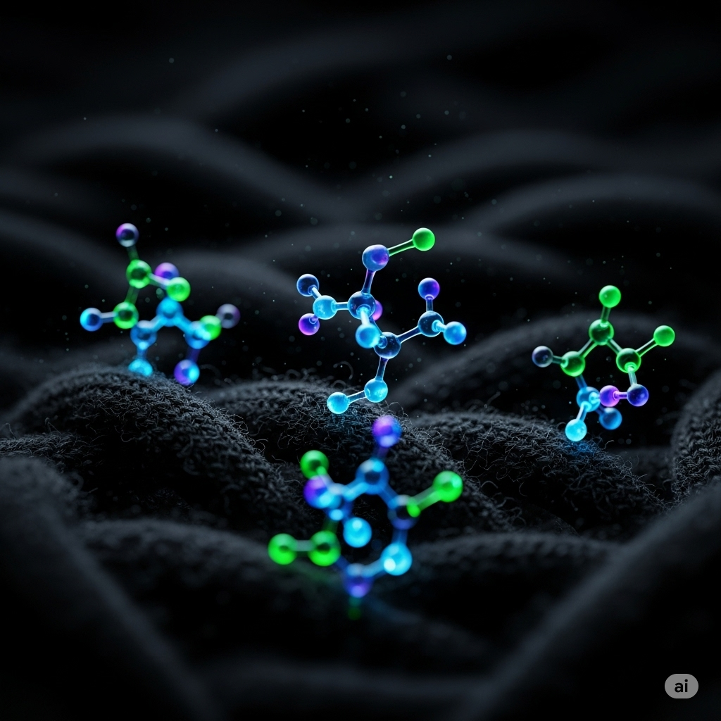Tøj og tekstiler symboliseret ved noget mørkt stof med nogle modeller af molekylestrukturer over.
