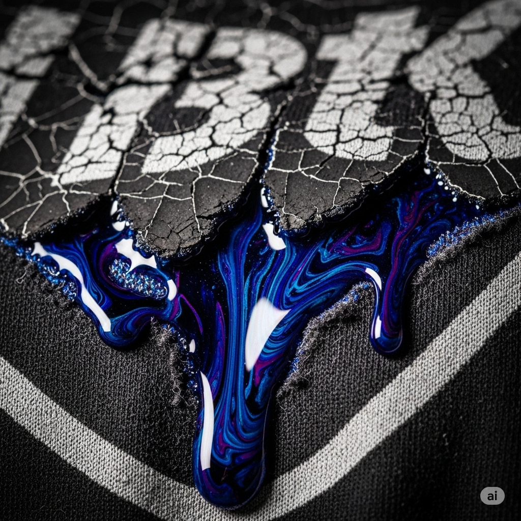 Tøj og tekstiler symboliseret ved noget stof der er trykt nogle hvide bogstaver på. Der siver en blålig væske fra.