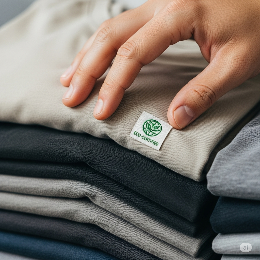 Tøj og tekstiler symboliseret ved en stabel bluser med varemærke.