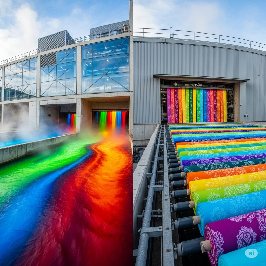 Tøj og tekstiler symboliseret ved en fabrik, hvorfra der løber stoffer og farve i rød, blå og grøn.