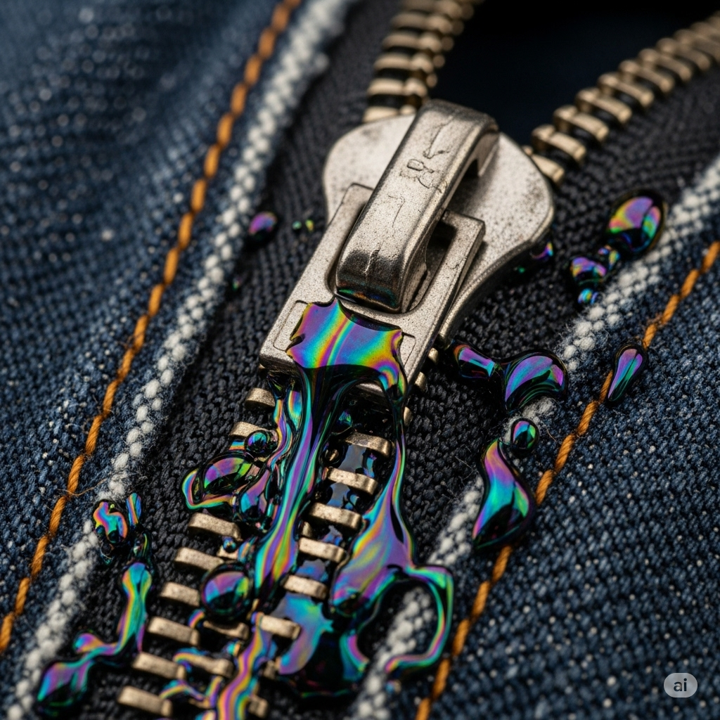 Tøj og tekstiler symboliseret ved en lynlås i noget blå canvas.