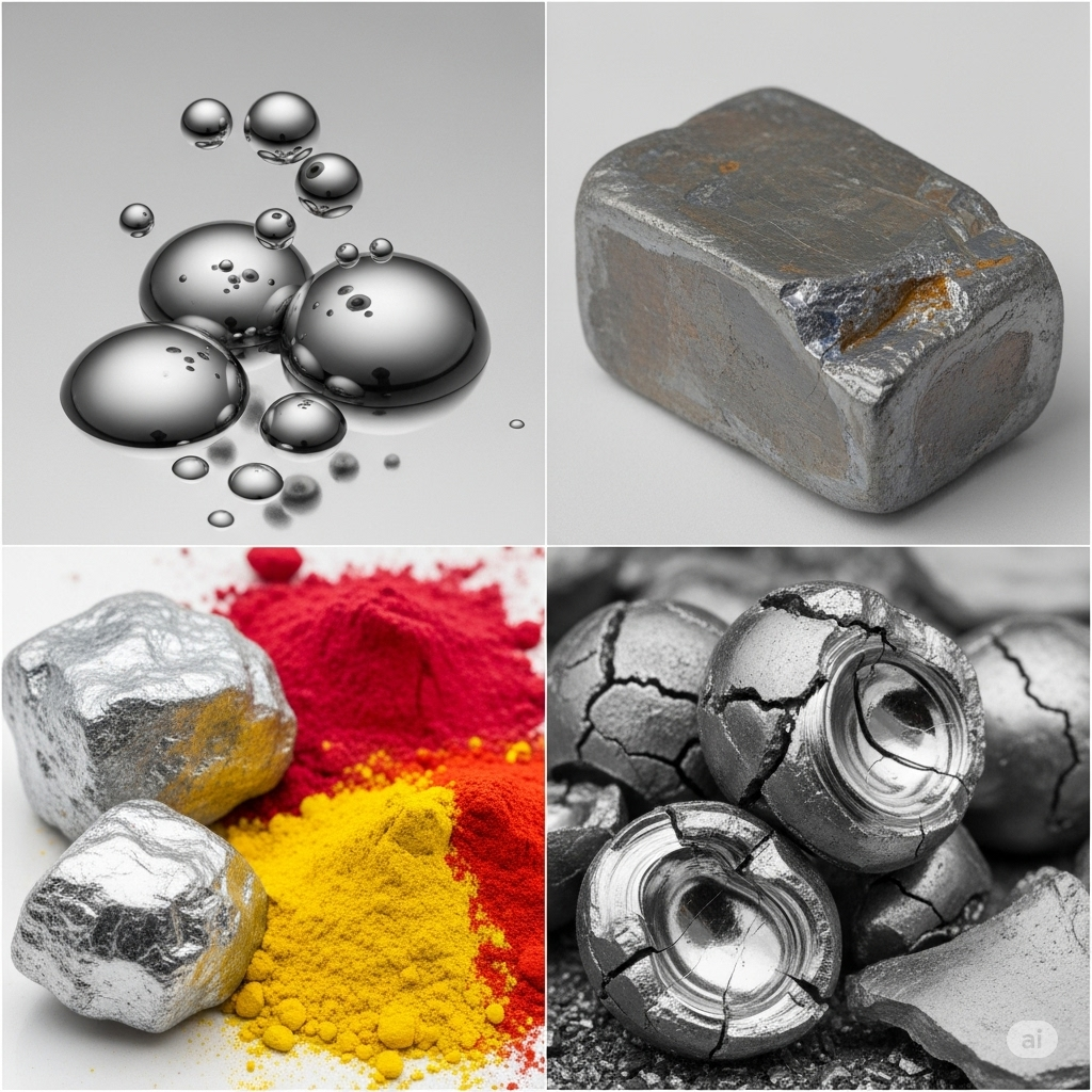 Tungmetaller symboliseret ved små prøver på bly, cadmium, arsen og kviksølv i 4 felter.