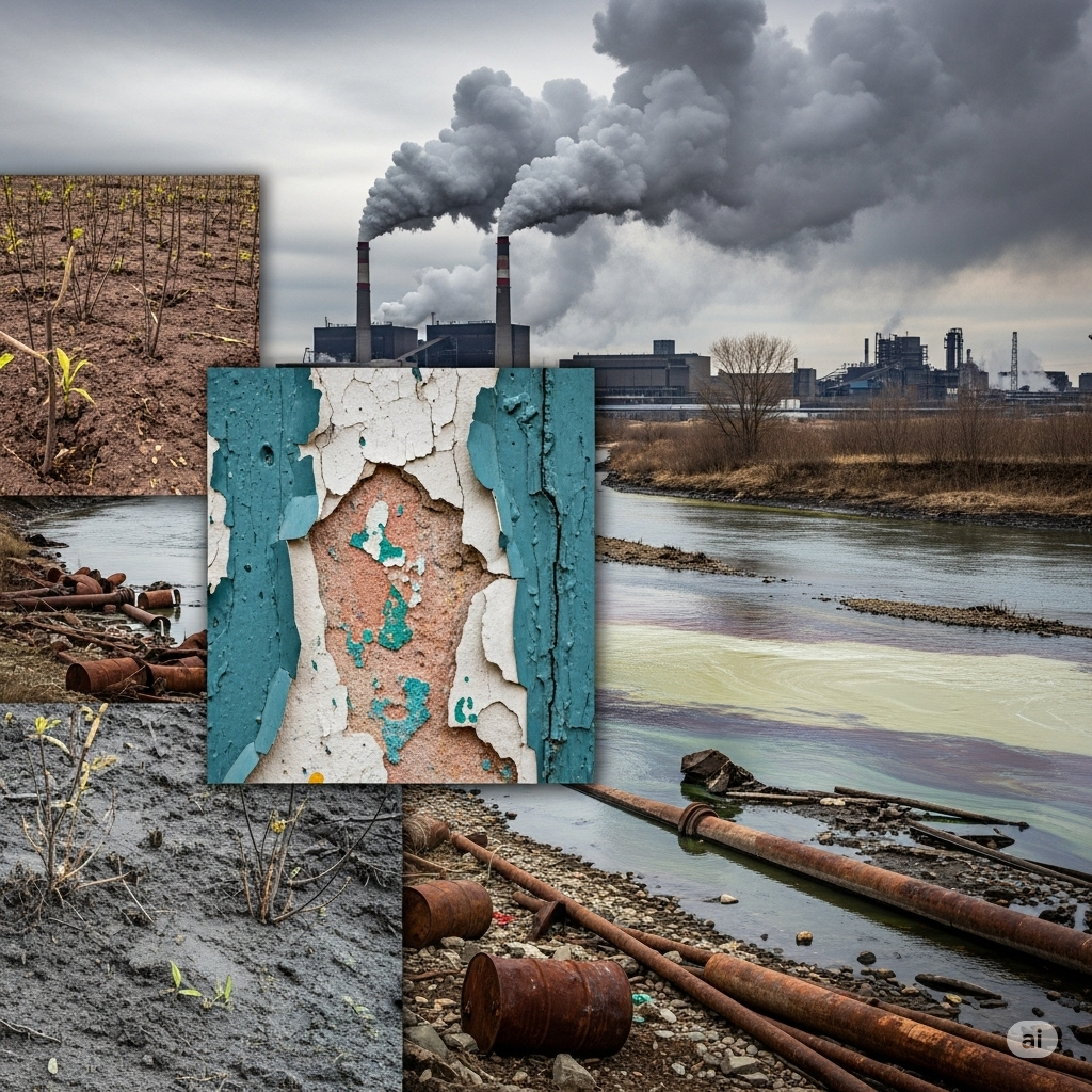 Tungmetaller symboliseret ved billede af vand og land der er forurenet.