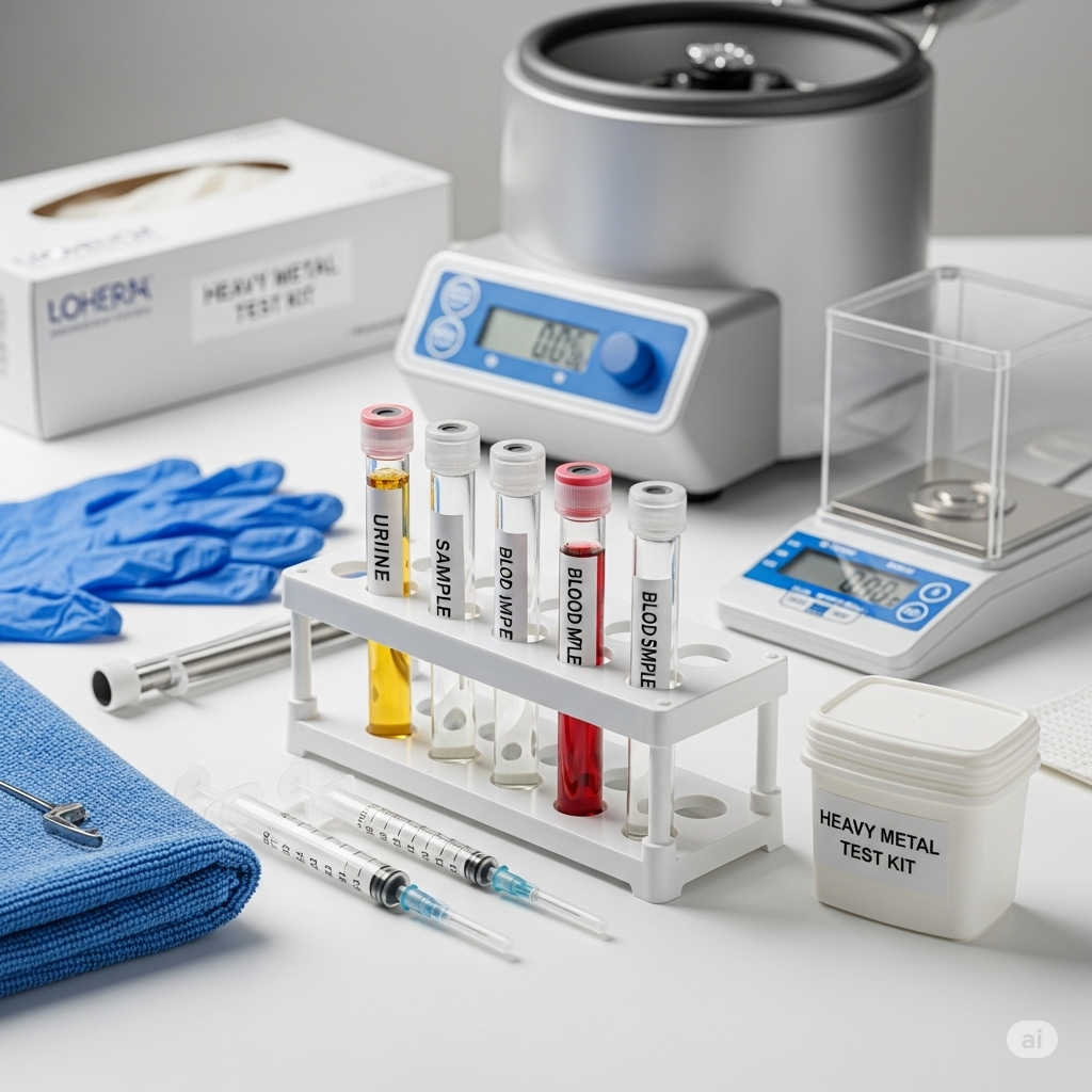 Tungmetaller symboliseret ved undersøgelsesudstyr fra laboratorie