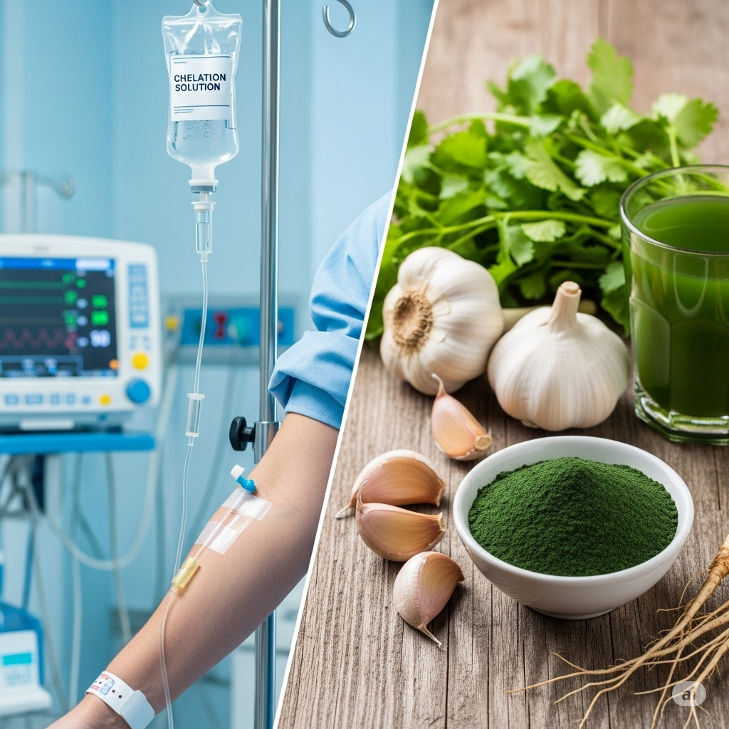 Tungmetaller symboliseret ved grøntsager og urter og en arm med drop og en monitor i baggrunden.