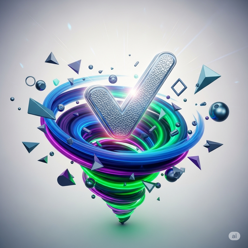 Tungmetaller symboliseret ved spiraler i farver, der danner en cylinder der står på spidsen. I toppen er der et V.