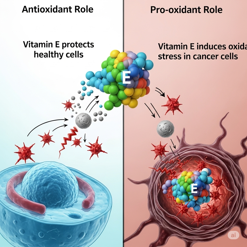 Vitamin-E symboliseret ved et venstre billede af blå molekyledel der angribes og til højre rød-brun molekyle der har taget skade.