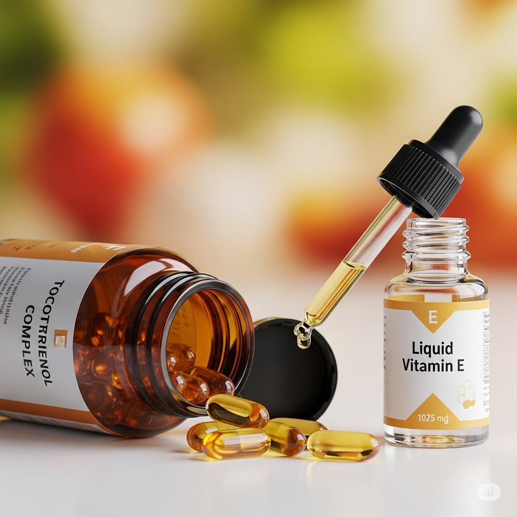 Vitamin-E symboliseret ved et brunt pilleglas der ligger ned med nogle gyldne kapsler ude foran. Og et klart glas med pipette ved siden af.