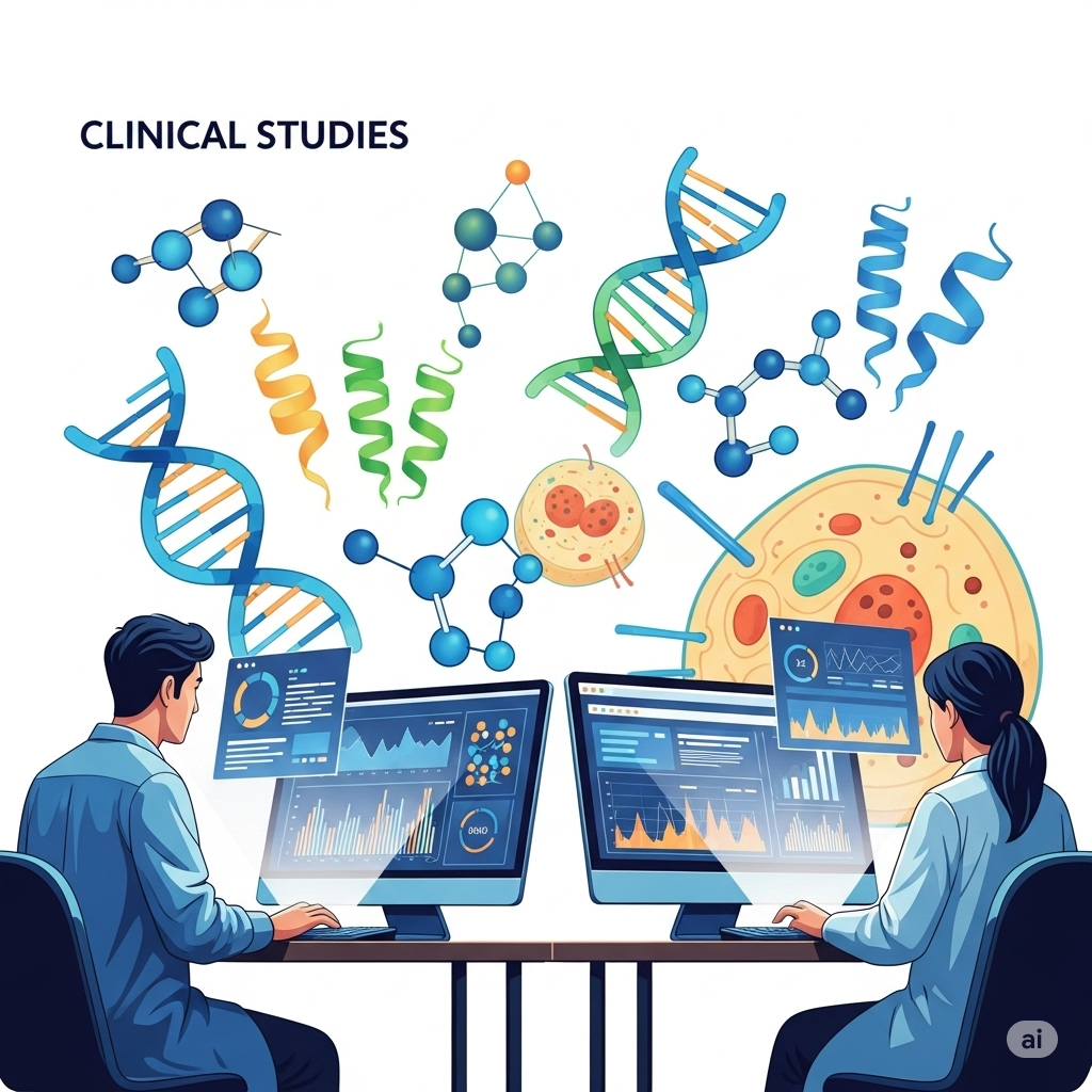 Vitamin-E symboliseret ved to personer der sidder bag hver sin skærm og DNA strenge og molekyler svæver frit i rummet over dem.