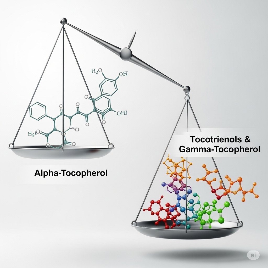 Vitamin-E symboliseret ved en vægt, hvor der i den ene skål ligger molekylestruktur og i den anden en mere kompliceret af sådan. Sidstnævnte vejer tungest.