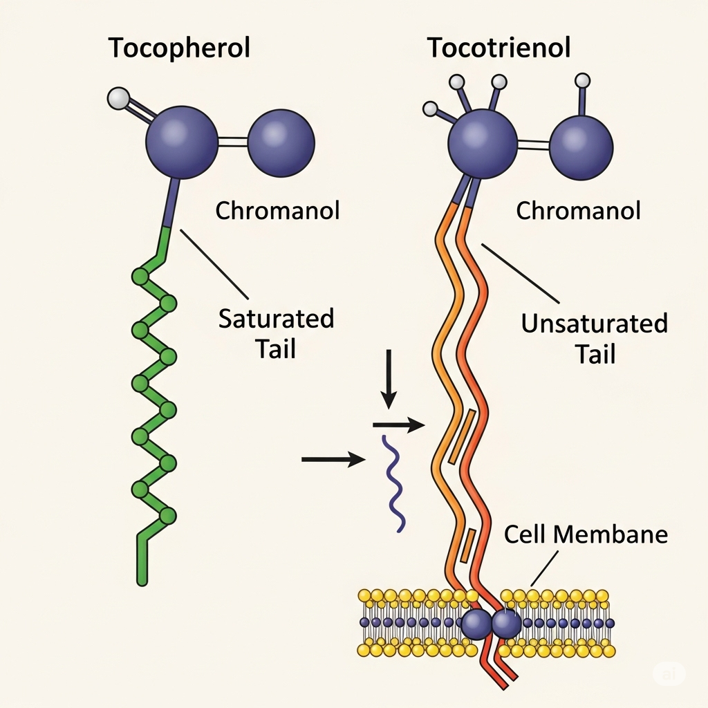 Vitamin-E symboliseret ved de to forskellige former for vitamin-E som molekyler og strenge under disse.