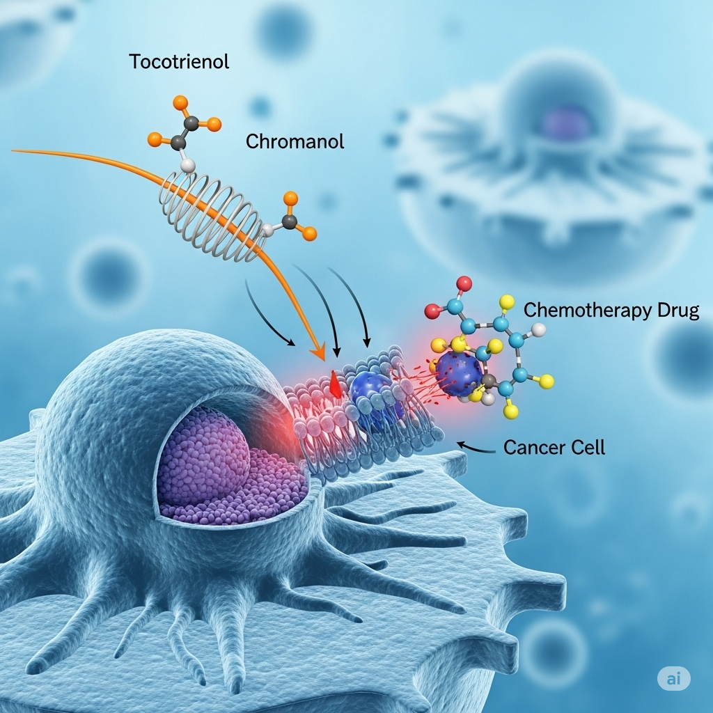 Vitamin-E symboliseret ved blå celler der bliver angrebet.