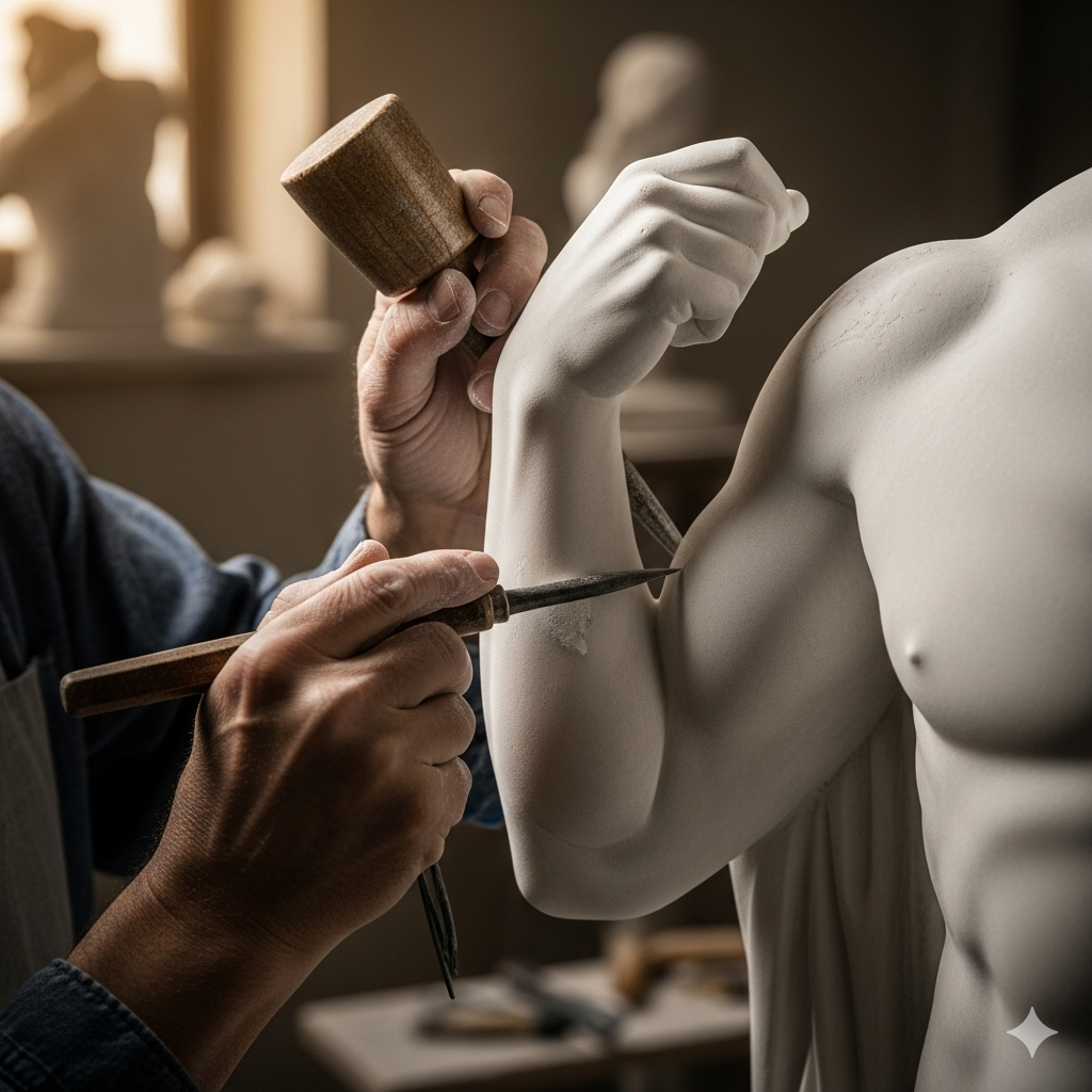 Bevar muskelmasse symboliseret ved en billedhugger der står med en skulptur.