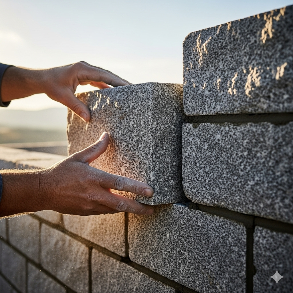 Bevar muskelmasse symboliseret ved hænder der lægger betonbyggesten på plads til en mur.