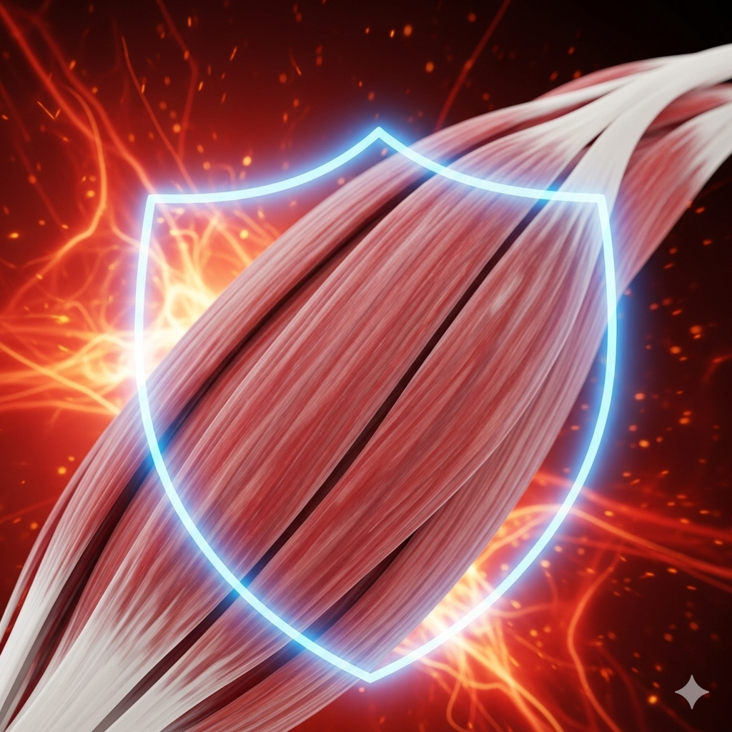 Bevar muskelmasse symboliseret ved model af en muskel med et gennemsigtigt skjold over. Orange-ildagtig baggrund.