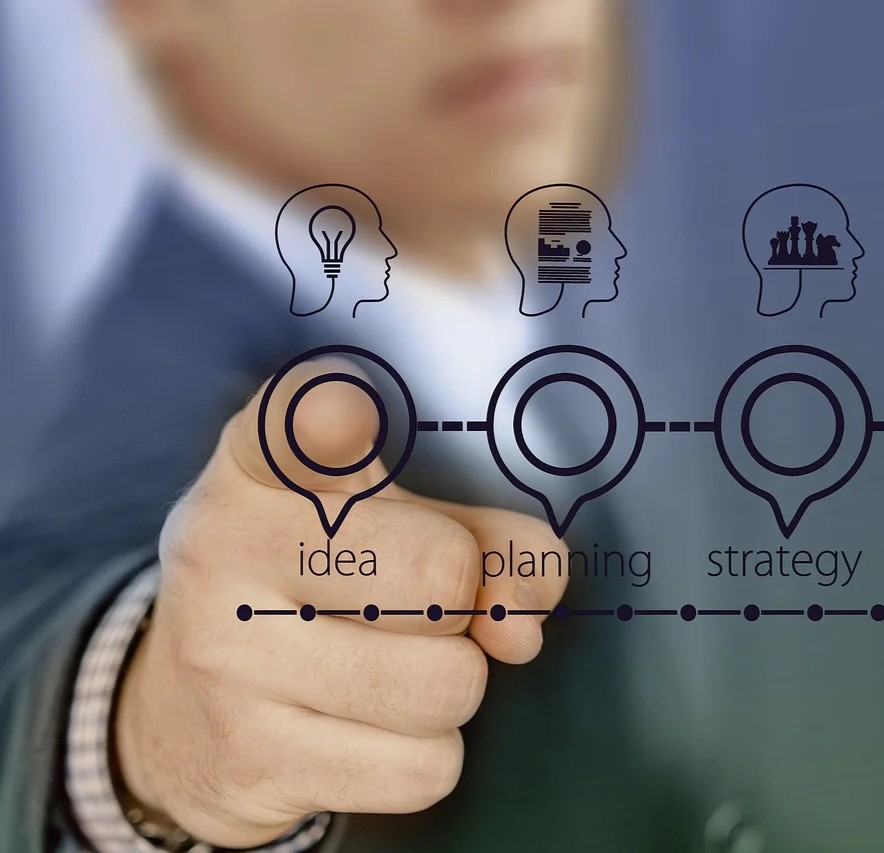 Find din egen kostvej symboliseret ved en mand der peger ud mod iagttageren, hvor der er nogle målsætninger tegnet.