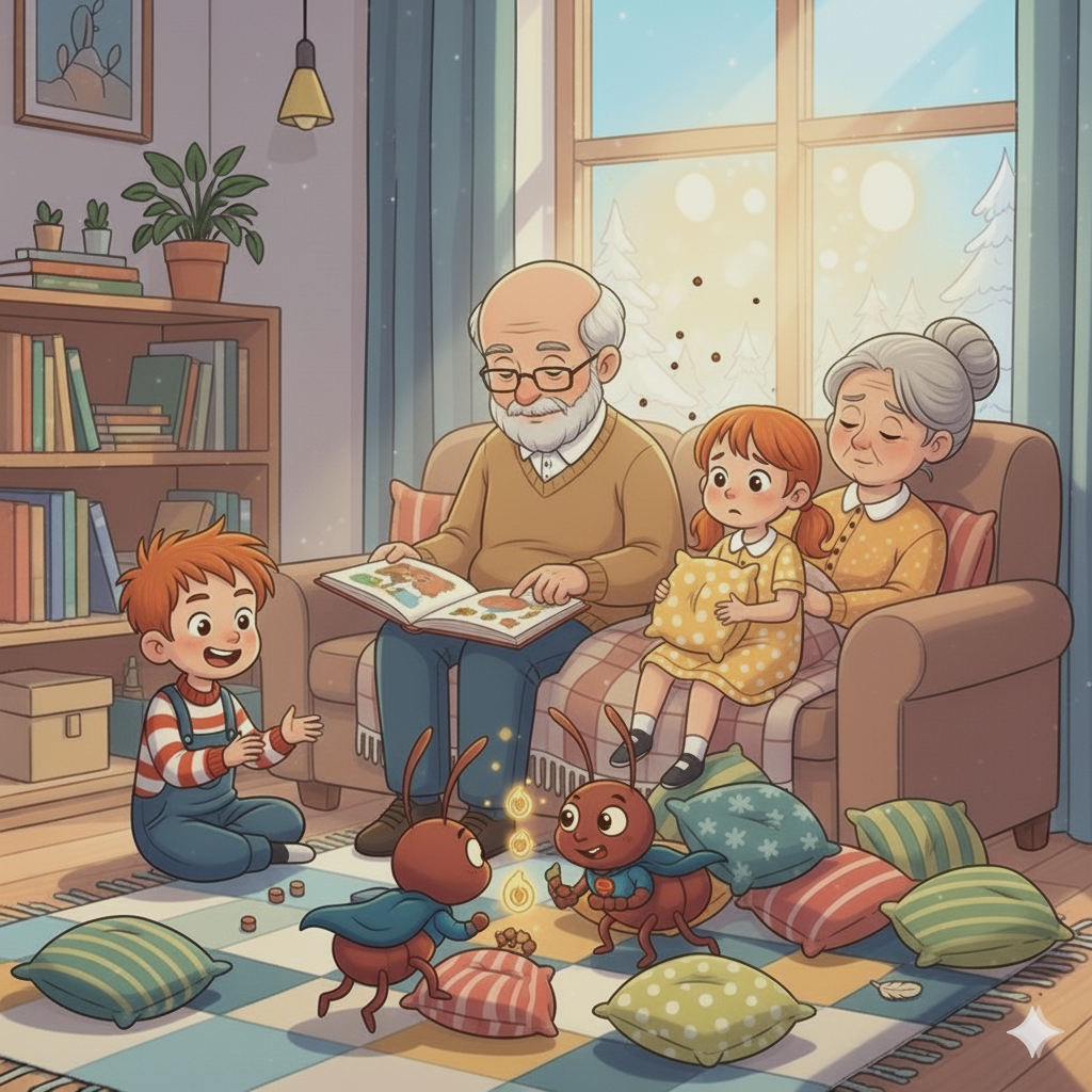 Historier for børn illustreret ved en stue med en bedstefar der læser og en bedstemor med en pige på skødet og en dreng der sidder på gulvet og lytter.