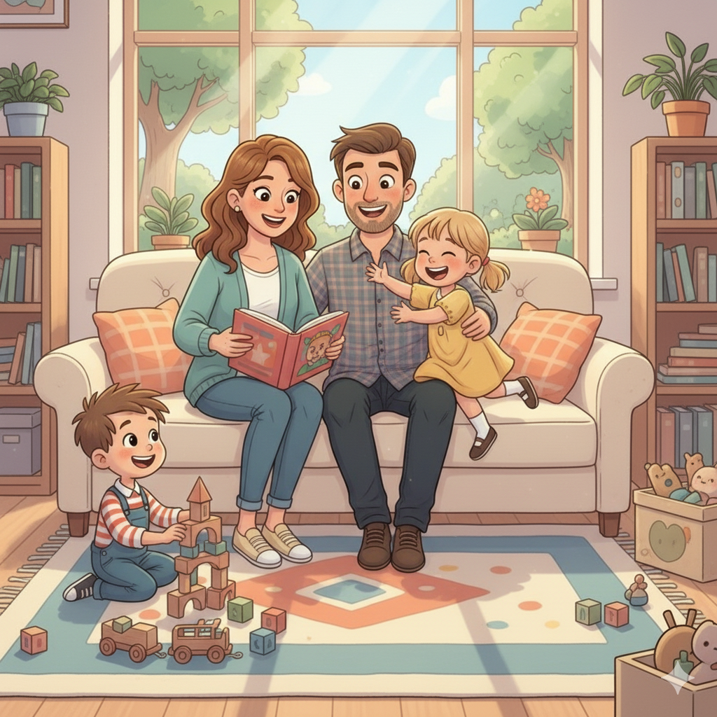 Historier for børn illustreret ved en far, mor dreng og pige i en stue.