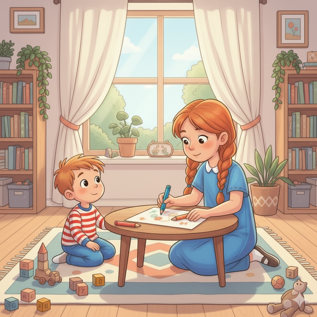 Historier for børn illustreret ved to børn der sidder på gulvet i en stue. Pigen er ældst. De tegner en tegning der ligger på et bord.