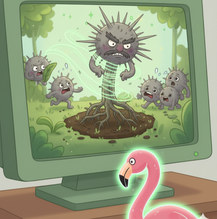 Historier om kræft for børn symboliseret ved en grøn pc med billede af en grå tidsel og en rosa flamingo foran skærmen.