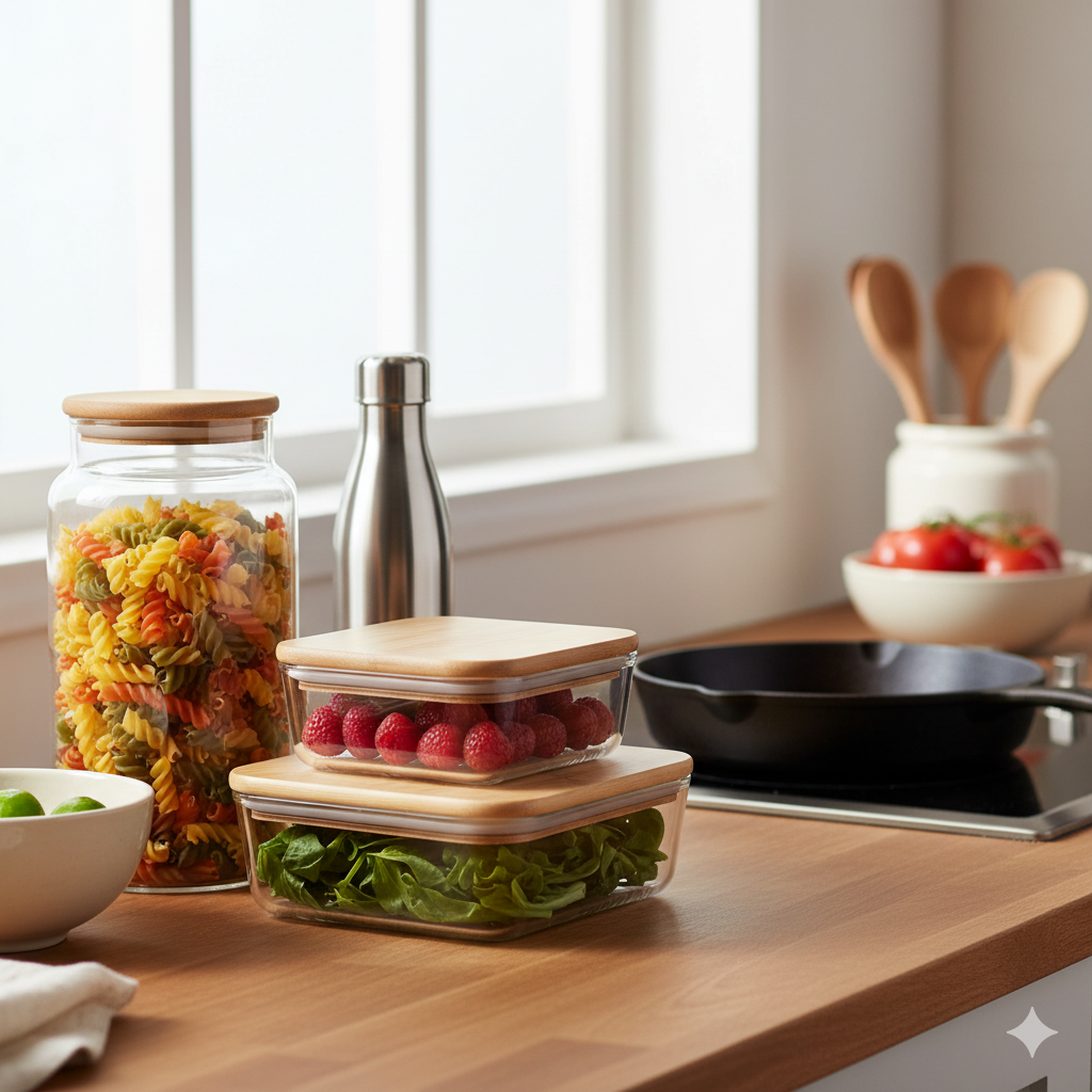 Køkkenudstyr, madopbevaring og emballage. Giftfrit køkken. PFAS i køkkenudstyr. Madopbevaring uden plastik. BPA. Ftalater. Non-stick pander. Kemikaliefri madlavning.