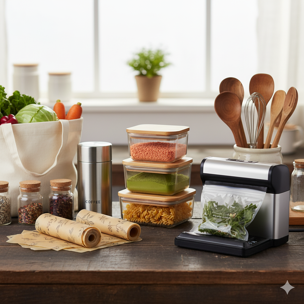 Køkkenudstyr, madopbevaring og emballage symboliseret ved en masse forskellige typer opbevaring og redskaber. Glasbøtter, bivokspapir, træredskaber mm.