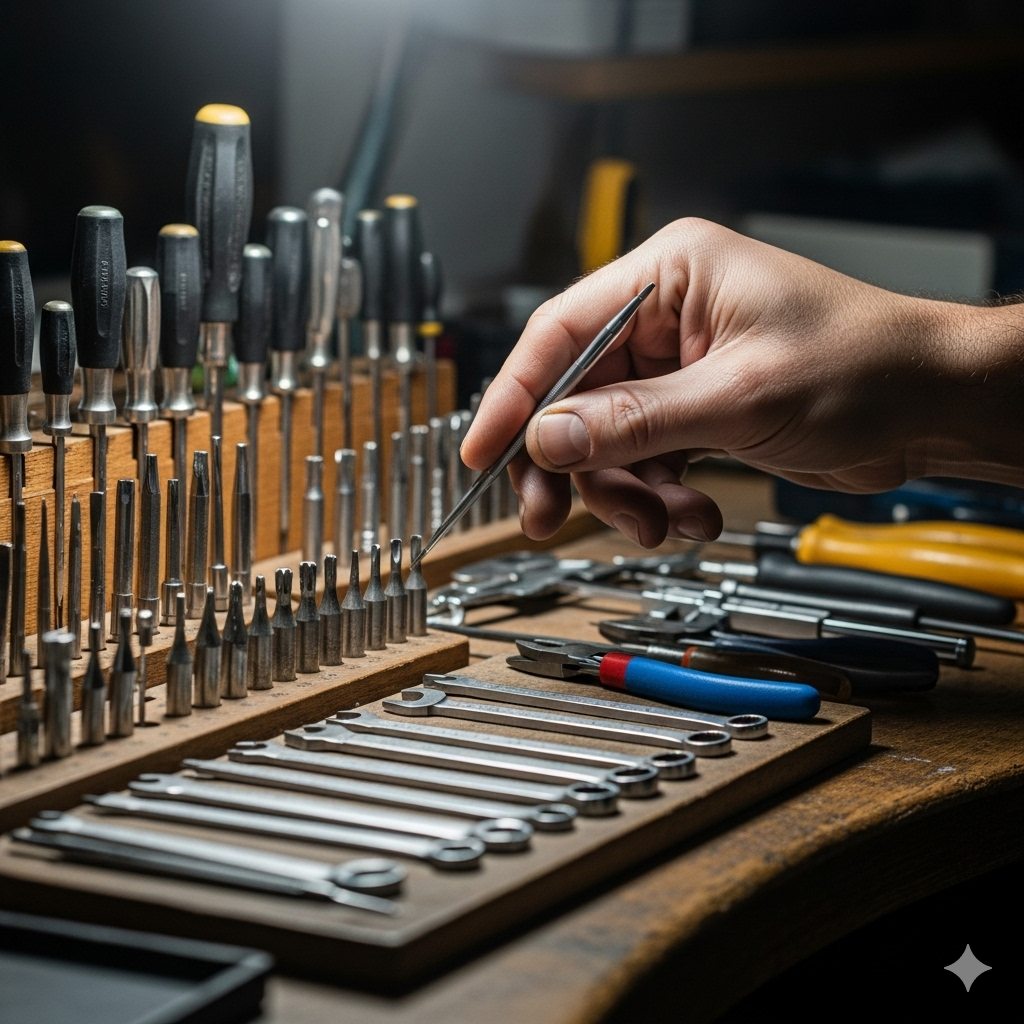 Kost som redskab symboliseret ved en hånd der vælger værktøj der er linet op på række.