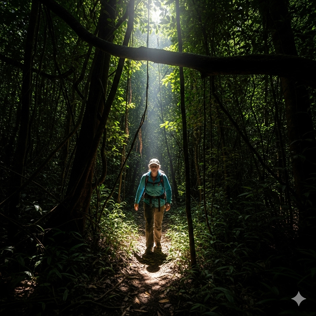 Kost som redskab symboliseret ved et menneske der går i en urskov.