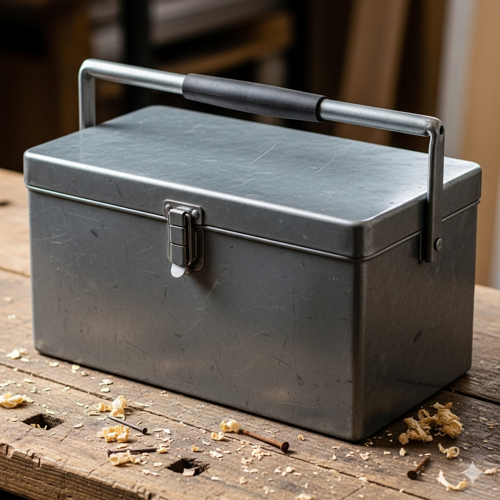 Kost som redskab symboliseret ved en værktøjskasse i metal.